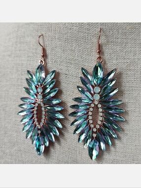 Copper Blue Iridescent Marquis Aquamarine Glass Oversized Pierced Earrings NEW